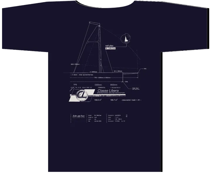 Dunkelblaues Crew-Sweatshirt der Kollektion 2026, bedruckt mit dem Segelriss der Mr. Cello Due